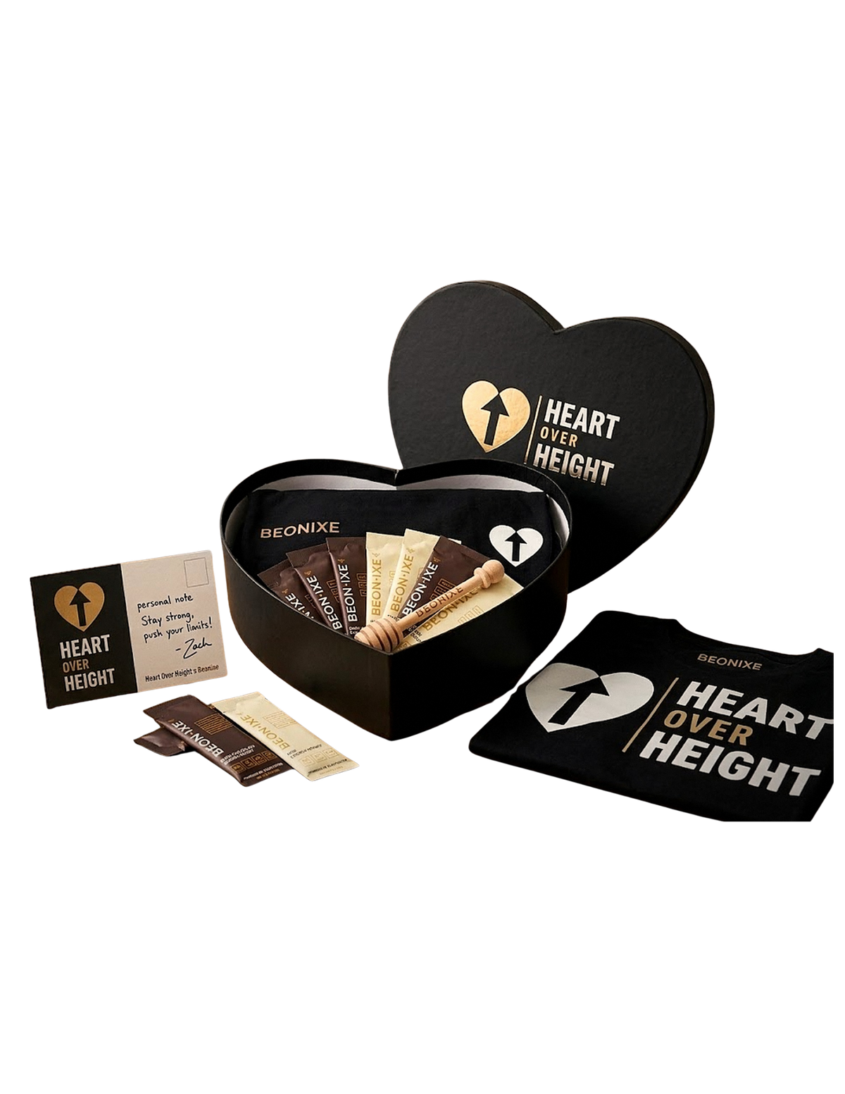 Inside the Heart Over Height box: tee, Beonixe honey packets and honey dipper